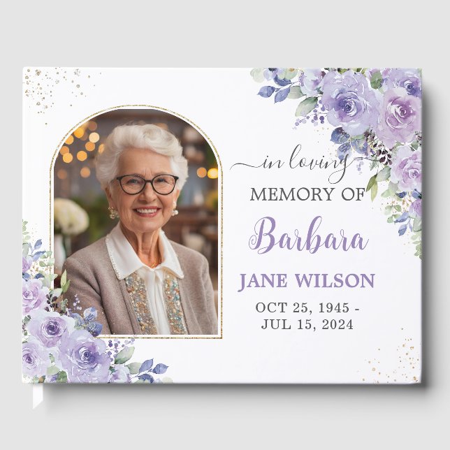 Purple Lilac Floral Gold Memorial Funeral Photo Guest Book (Front)