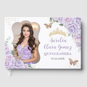 Purple Lilac Floral Gold QUINCEAÑERA 16 Photograph Guest Book