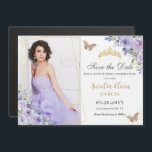 Purple Lilac Floral Gold Quinceañera Save the Date<br><div class="desc">Personalise this lovely purple lilac floral save the date magnetic card with your own wording and photograph easily and quickly. Simply click the Edit Using Design Tools button to further edit the text, wording, font style, font size, font colour, add more text, move or remove some images. The butterflies and...</div>