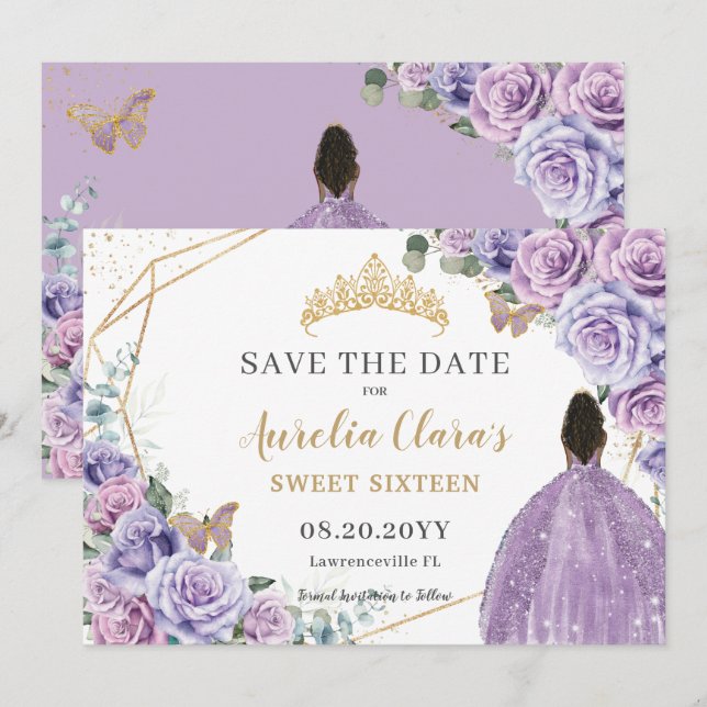 Purple Lilac Floral Gold Quinceanera Sweet Sixteen Save The Date (Front/Back)