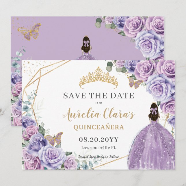 Purple Lilac Floral Gold Quinceanera Sweet Sixteen Save The Date (Front/Back)