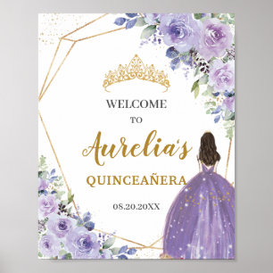 Purple Lilac Floral Gold Quinceañera Welcome   Poster