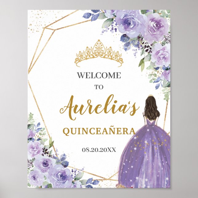 Purple Lilac Floral Gold Quinceañera Welcome   Poster (Front)