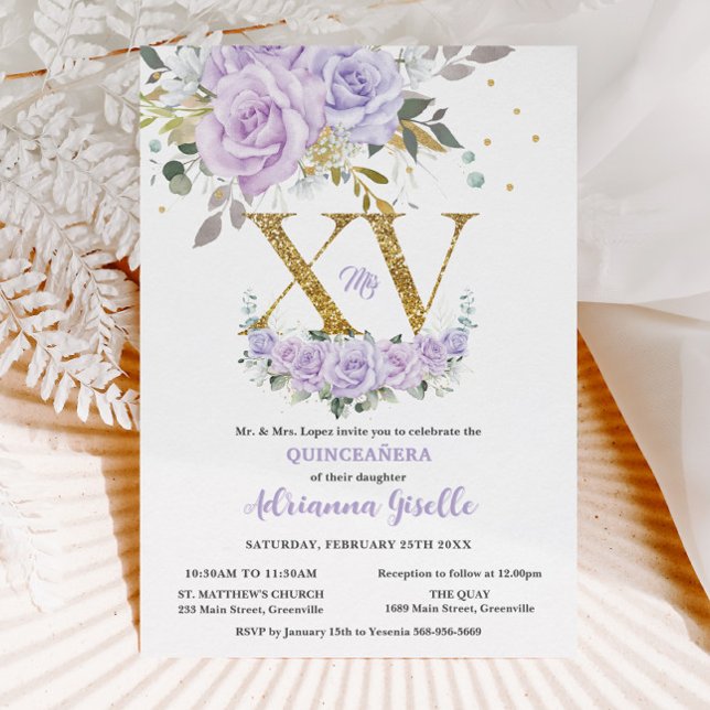 Purple Lilac Floral Gold XV Quinceañera Quince 15 Invitation (Creator Uploaded)