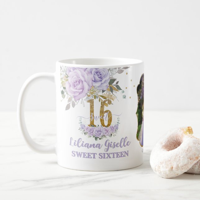 Purple Lilac Floral Memento Sweet Sixteen 16 Photo Coffee Mug (With Donut)
