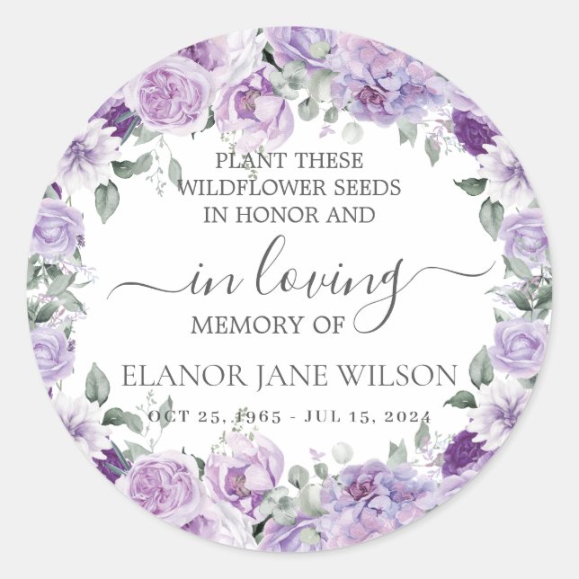 Purple Lilac Floral Memorial Funeral Seed Packet Classic Round Sticker (Front)