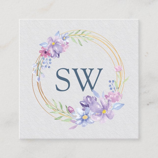 Purple Lilac Floral Monogram Beauty Consultant Square Business Card (Front)