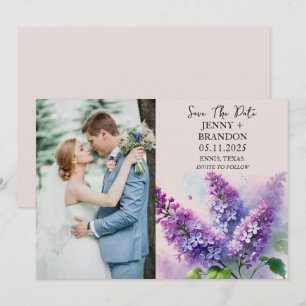 Purple Lilac Floral Photo Elegant Modern Wedding Save The Date