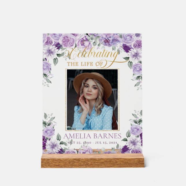 Purple Lilac Floral Photo Funeral Celebration Life Acrylic Sign (Front)