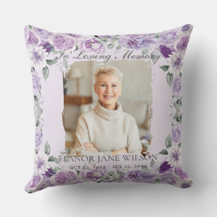 Purple Lilac Floral Photo Funeral in Loving Memory Cushion