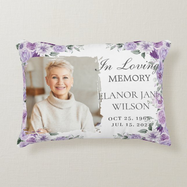 Purple Lilac Floral Photo Memorial Keepsake Decorative Cushion (Front)