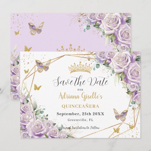 Purple Lilac Floral Princess Gold Quinceañera Save The Date (Front/Back)