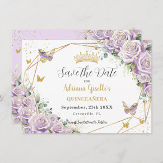 Purple Lilac Floral Princess Gold Quinceañera Save The Date