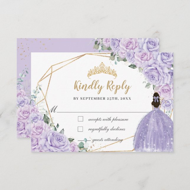 Purple Lilac Floral Princess Quinceanera 16 Reply RSVP Card (Front/Back)