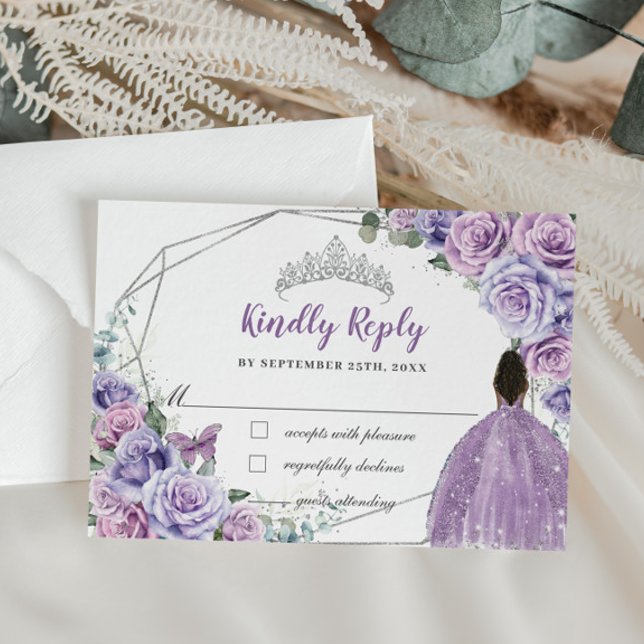 Purple Lilac Floral Princess Quinceañera Reply RSVP Card (lavender purple lilac roses floral flowers brown black girl Quinceañera sweet 16 rsvp reply cards)