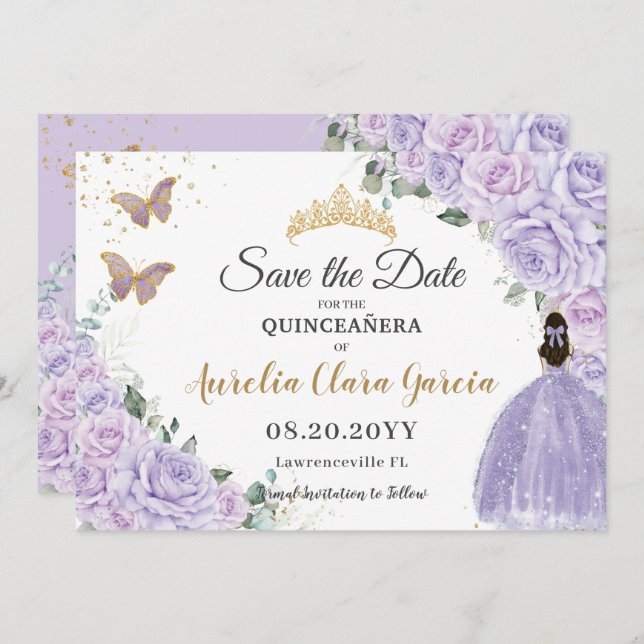 Purple Lilac Floral Quinceañera 15 Princess  Save The Date (Front/Back)