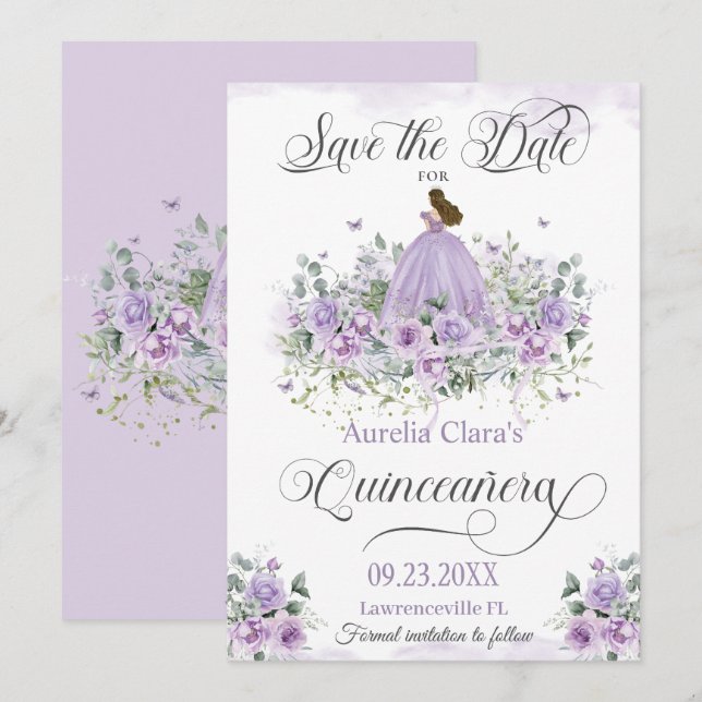 Purple Lilac Floral Quinceañera 15th XV Birthday Save The Date (Front/Back)
