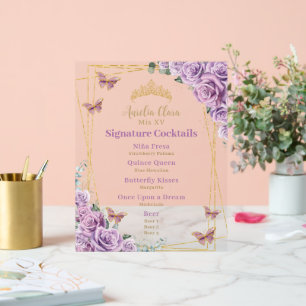 Purple Lilac Floral Quinceanera Bar Cocktail Menu Acrylic Sign
