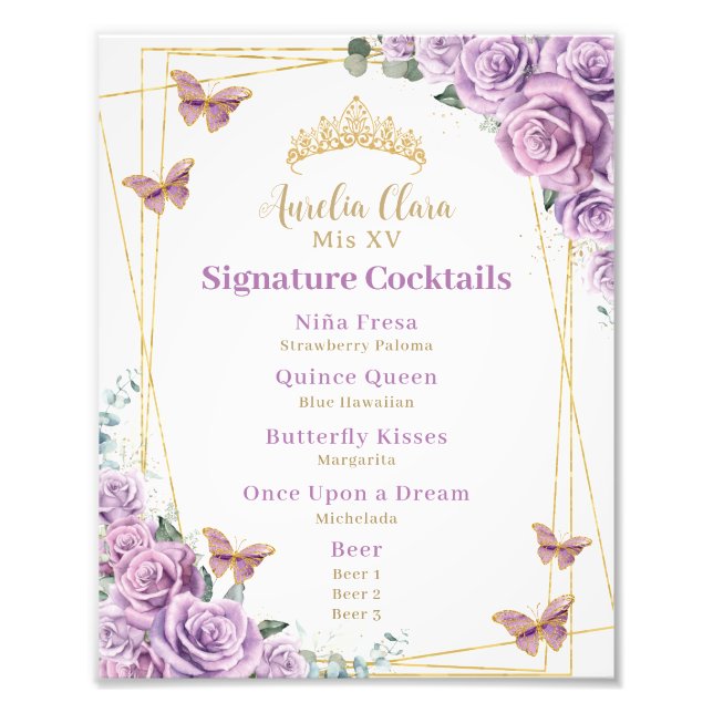 Purple Lilac Floral Quinceanera Bar Cocktail Menu Photo Print (Front)