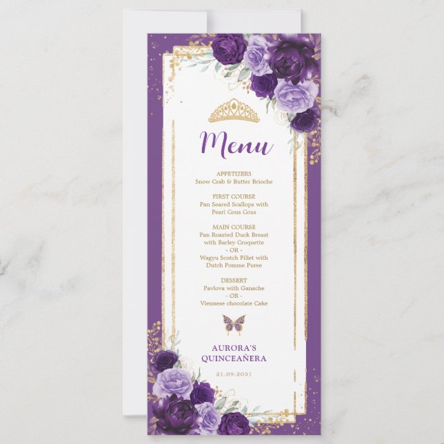 Purple Lilac Floral Quinceanera Birthday Menu Card (Front)