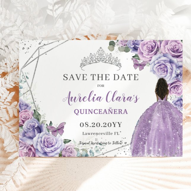 Purple Lilac Floral Quinceanera Brown Princess  Save The Date (Creator Uploaded)