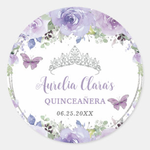 Purple Lilac Floral Quinceañera Crown Butterflies  Classic Round Sticker