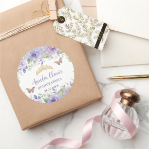 Purple Lilac Floral Quinceañera Crown Butterflies Classic Round Sticker