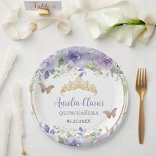 Purple Lilac Floral Quinceañera Crown Butterflies Paper Plate