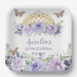 Purple Lilac Floral Quinceañera Crown Butterflies  Paper Plate
