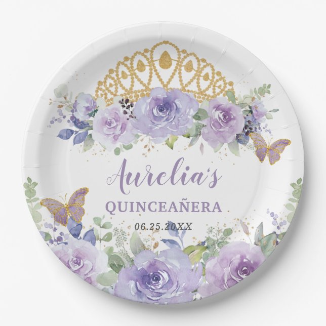 Purple Lilac Floral Quinceañera Crown Butterflies Paper Plate (Front)