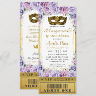Purple Lilac Floral Quinceañera Masquerade Ticket Invitation
