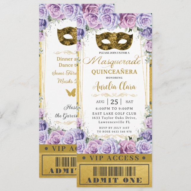 Purple Lilac Floral Quinceañera Masquerade Ticket Invitation (Front/Back)