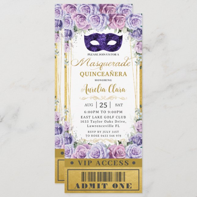 Purple Lilac Floral Quinceañera Masquerade Ticket  Invitation (Front/Back)
