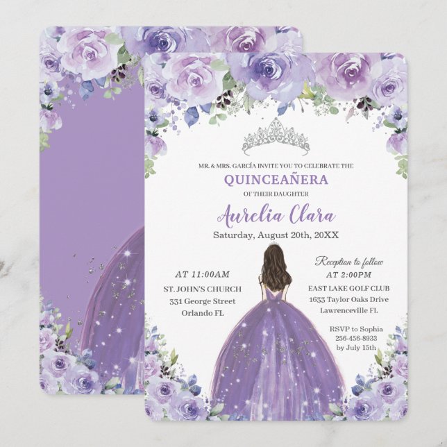 Purple Lilac Floral Quinceanera Princess Birthday Invitation (Front/Back)