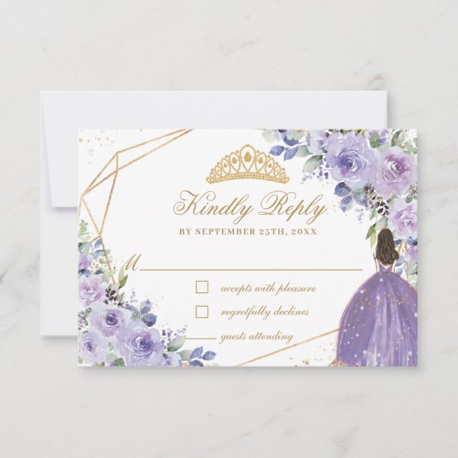 Purple Lilac Floral Quinceañera Princess Crown RSVP Card (Front)