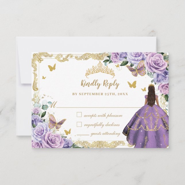 Purple Lilac Floral Quinceañera Princess Gold RSVP Card (Front)