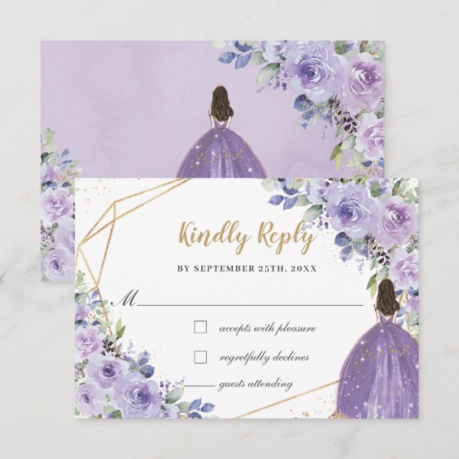 Purple Lilac Floral Quinceañera Princess Reply RSVP Card (Front/Back)