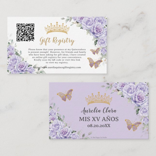 Purple Lilac Floral Quinceañera QR Gift Registry Enclosure Card (Front/Back)
