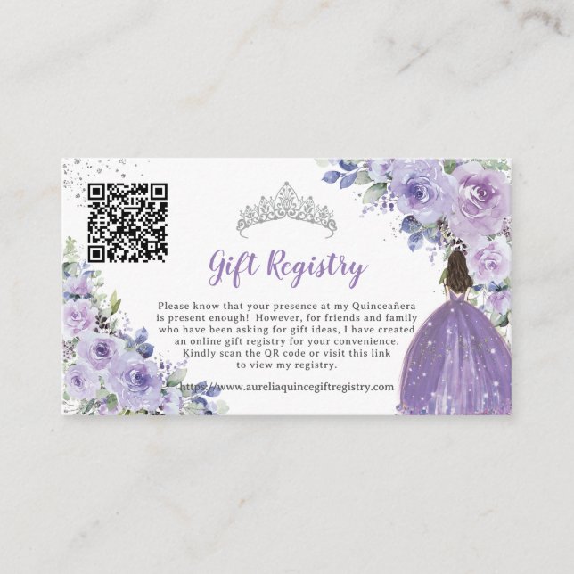 Purple Lilac Floral Quinceañera QR Gift Registry Enclosure Card (Front)