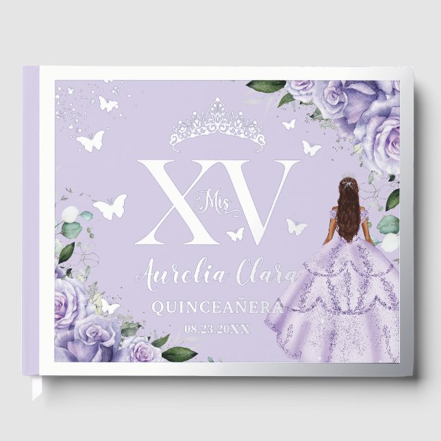 Purple Lilac Floral Quinceañera Quince 15 Silver Guest Book (Front)