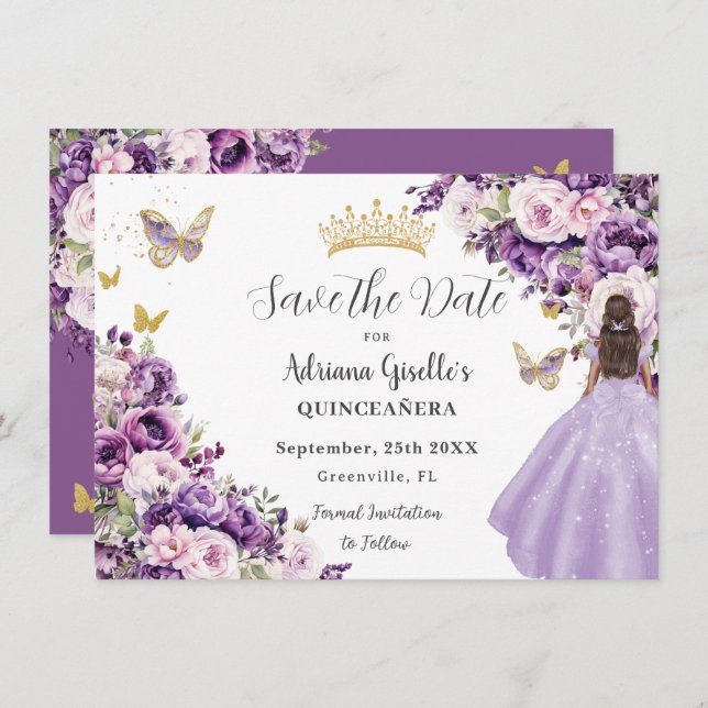 Purple Lilac Floral Quinceanera Save The Date (Front/Back)