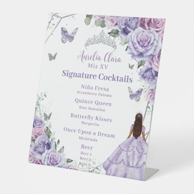 Purple Lilac Floral Quinceañera Signature Cocktail Pedestal Sign (Front)