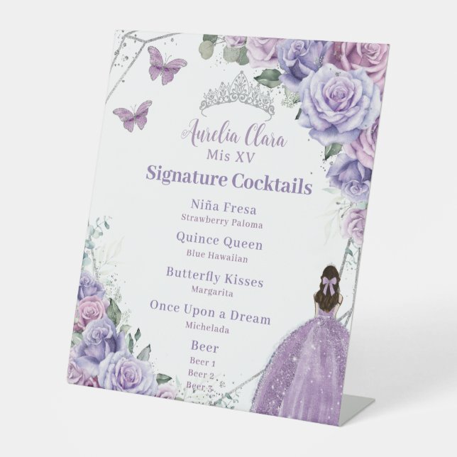 Purple Lilac Floral Quinceanera Signature Cocktail Pedestal Sign (Front)