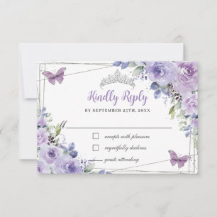 Purple Lilac Floral Quinceañera Silver Butterflies RSVP Card