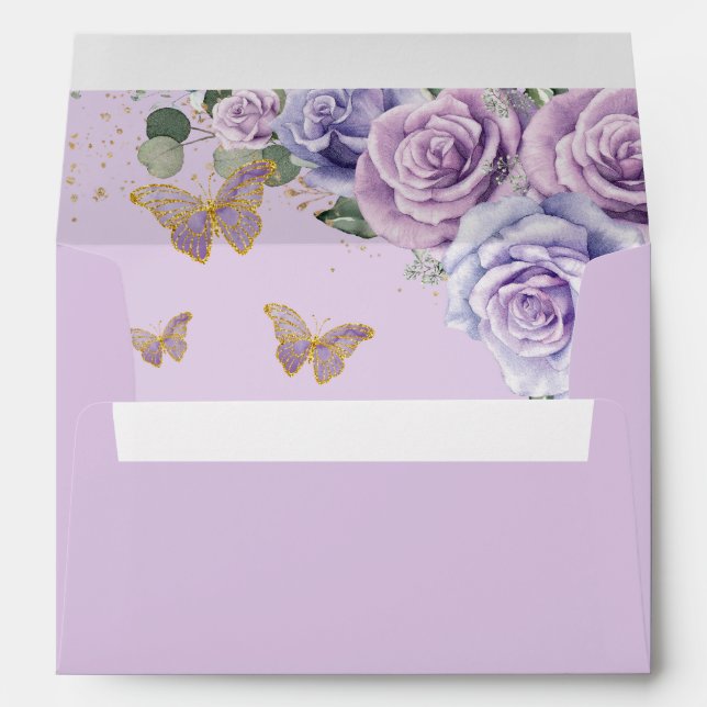 Purple Lilac Floral Quinceañera Sweet 16 Butterfly Envelope (Back (Bottom))
