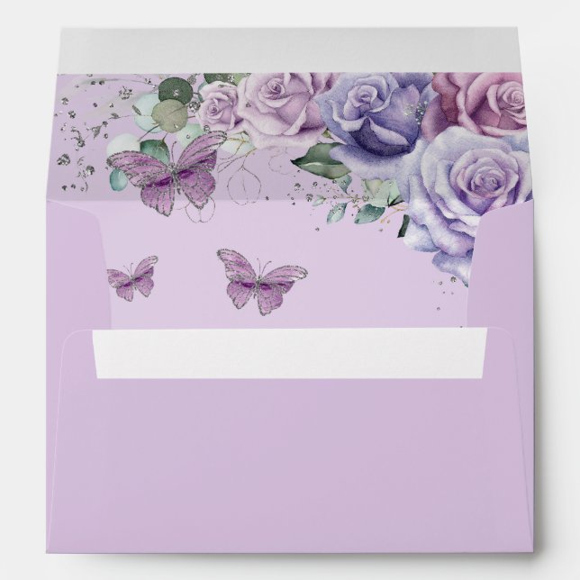 Purple Lilac Floral Quinceañera Sweet 16 Butterfly Envelope (Back (Bottom))