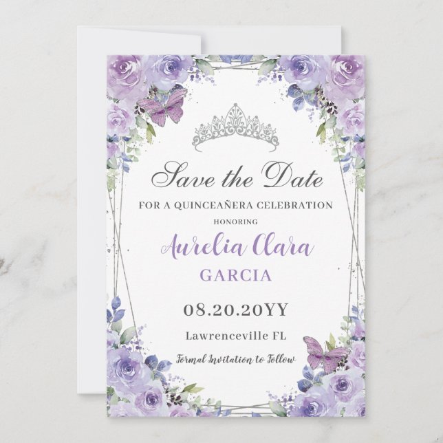Purple Lilac Floral Quinceañera Sweet 16 Silver Save The Date (Front)