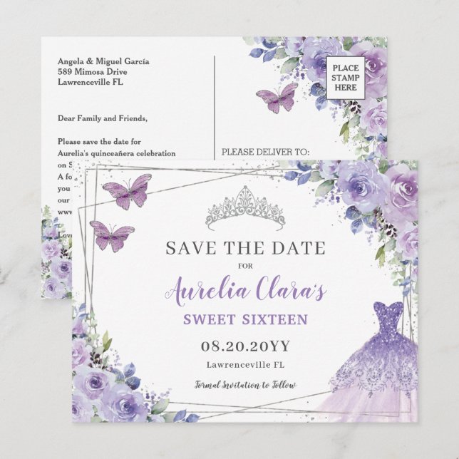 Purple Lilac Floral Quinceanera Sweet Sixteen Save Announcement Postcard (Front/Back)