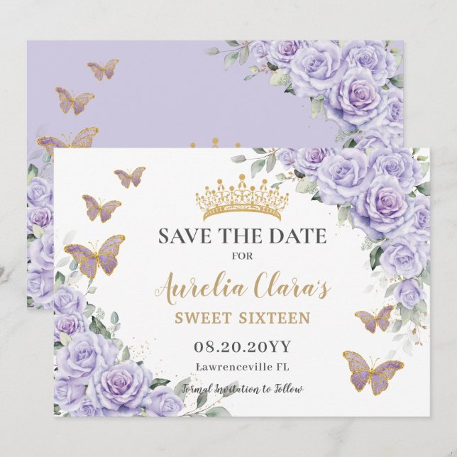 Purple Lilac Floral Quinceañera Sweet Sixteen Save Save The Date (Front/Back)