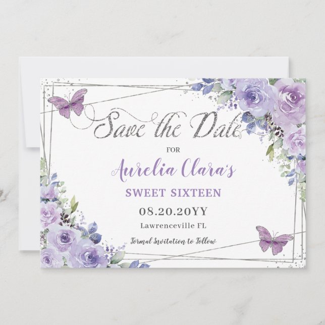 Purple Lilac Floral Quinceañera Sweet Sixteen Save Save The Date (Front)